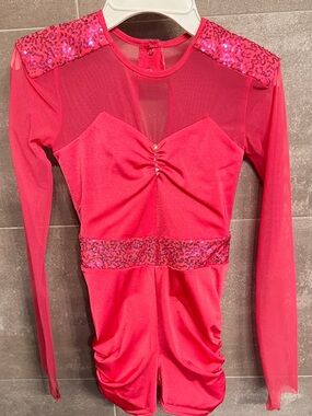 Girls Hot Pink Sequin Dance Costume Long-Sleeve Leotard